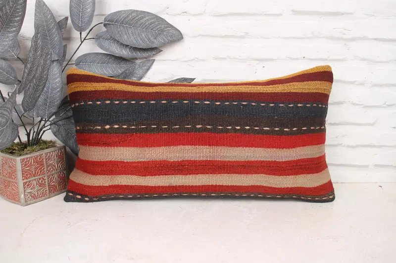 Pillow for Couch, Pillow Sham, Turkish Pillow, 12x24 Red Pillow Case, Handmade Cushion Cover, Ethnical Kilim Rug Pillow, Cotton Cushion - 1