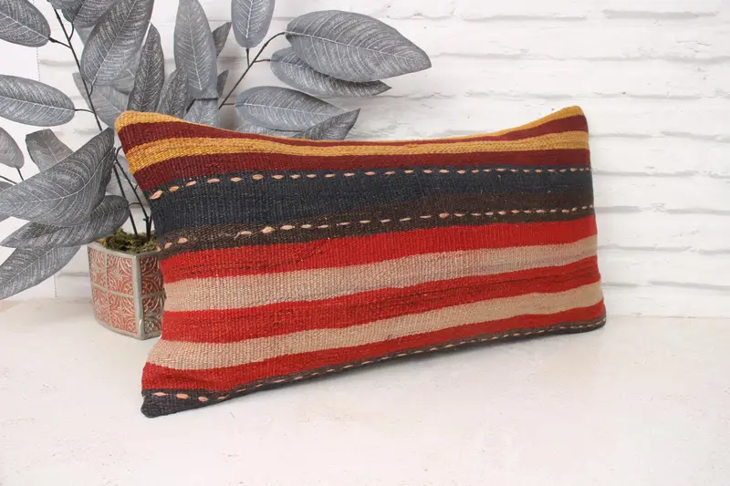 Pillow for Couch, Pillow Sham, Turkish Pillow, 12x24 Red Pillow Case, Handmade Cushion Cover, Ethnical Kilim Rug Pillow, Cotton Cushion - 3