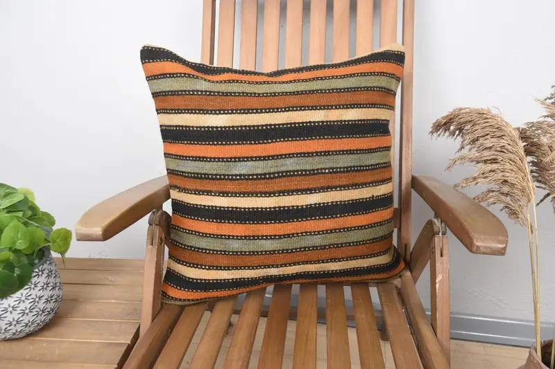 Turkish Square Orange Pillowcase, Striped 20x20 inch Moroccan Pillow Case - 1