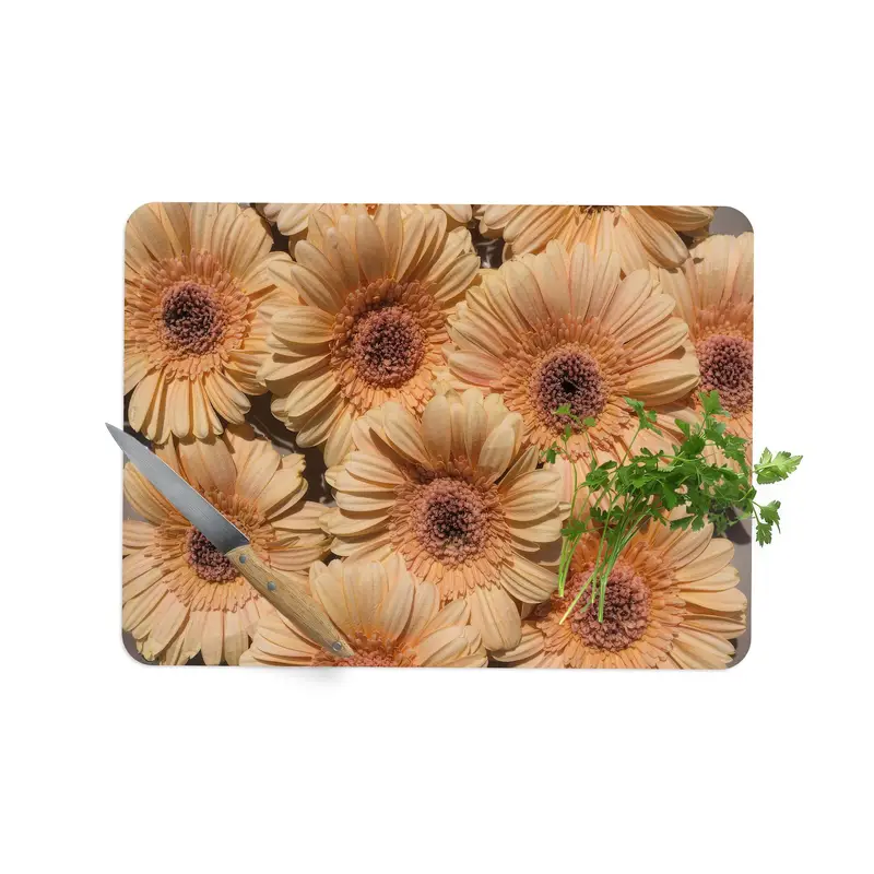 Floral Pattern Glass Cutting Board, Daisy Yellow & Brown Design