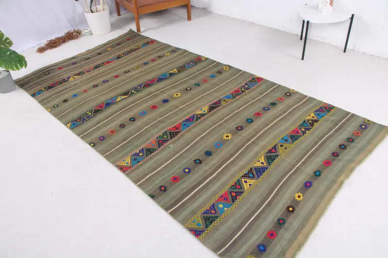 Vintage Rug, 4.5x8.9 ft Large Rug, Green Floral Wool Turkish Rug - 1