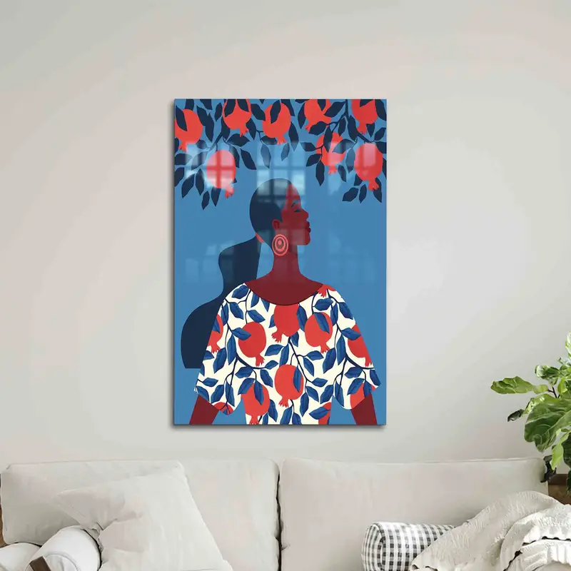 Elegant Printed Glass: Abstract Woman with Pomegranate