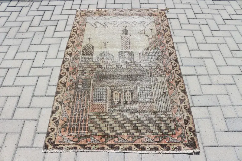 3.3x5.2 ft Accent Turkish Vintage Rug, Brown Camouflage Wool Rug - 1