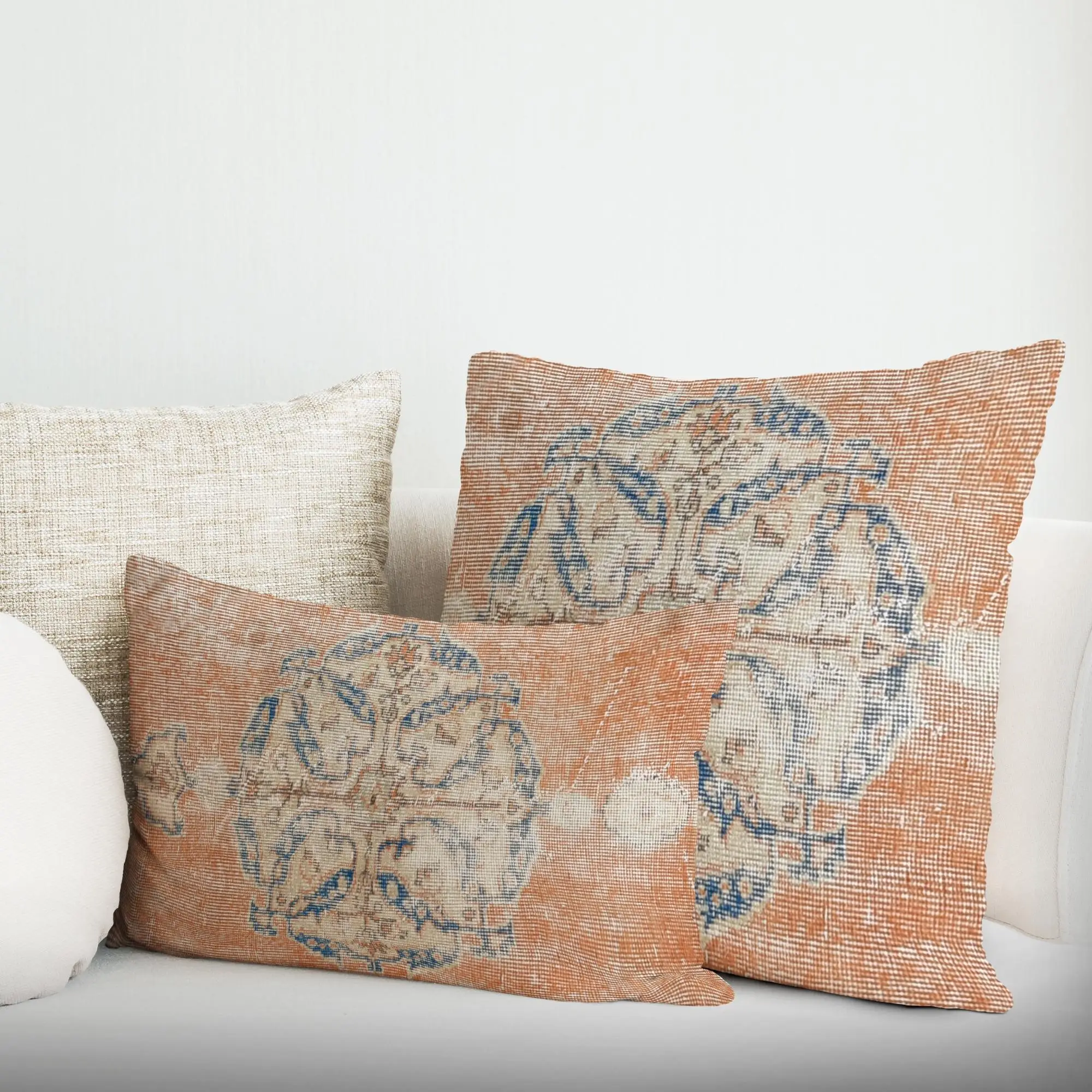 Antique Patterned Printed Pillow: Orange & Blue Kilim Design - 1