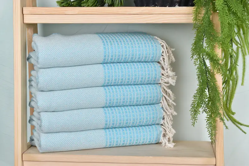 Striped Towel Turquoise Cotton Handmade Gift, 36x69 Inches