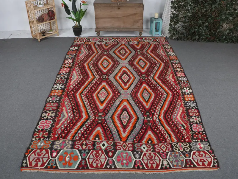 Red & Orange Striped Rug, 6.4x10.7 ft Geometric Design