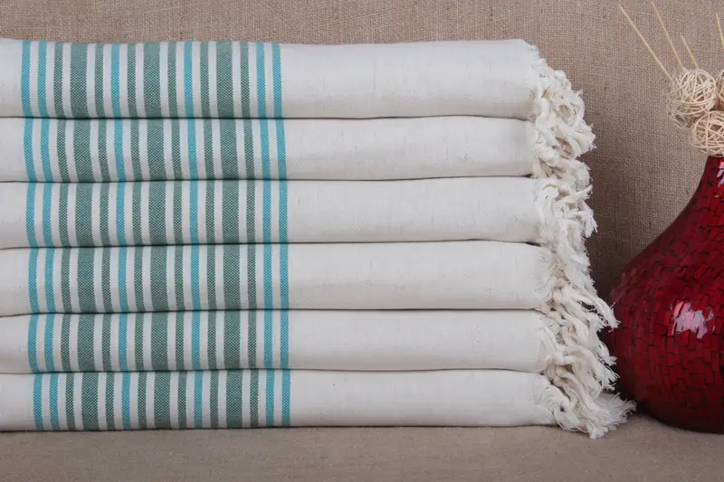 オーガニックコットン トルコタオル ストライプ ベージュ、38x71 インチ