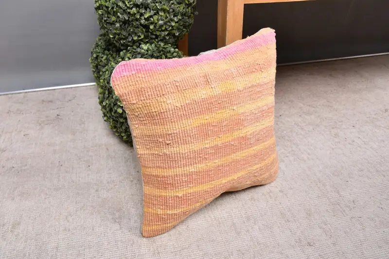 Vintage Kilim Pillow, Boho Chic Pillow, 14x14 Orange Pillow Cover, Art Deco Cushion, Pillow Sham, Throw Kilim Pillow, Boho Pillow - 7