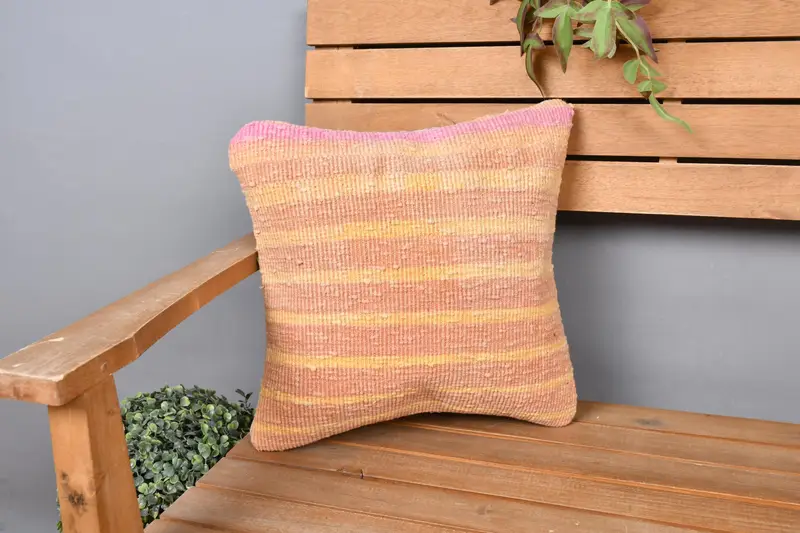 Vintage Kilim Pillow, Boho Chic Pillow, 14x14 Orange Pillow Cover, Art Deco Cushion, Pillow Sham, Throw Kilim Pillow, Boho Pillow - 1