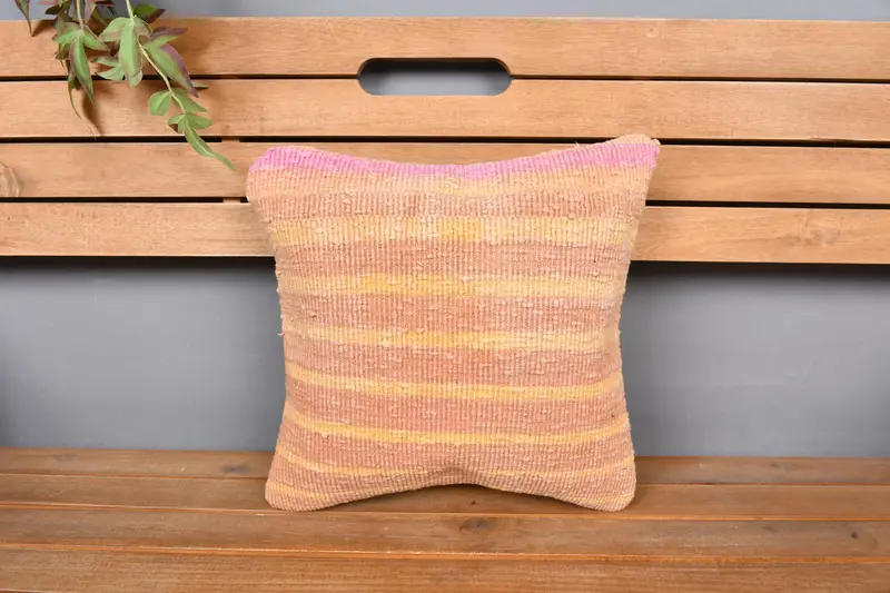 Vintage Kilim Pillow, Boho Chic Pillow, 14x14 Orange Pillow Cover, Art Deco Cushion, Pillow Sham, Throw Kilim Pillow, Boho Pillow - 6