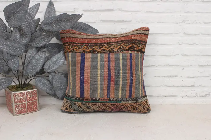 Kilim Rug Cushion, Turkish Kilim Pillow, Pillow, Turkish Pillow, Boho Pillow Sham Cover, Comfy Throw Pillow, 16x16 Blue Pillow, Sofa Cushion Cover - 1