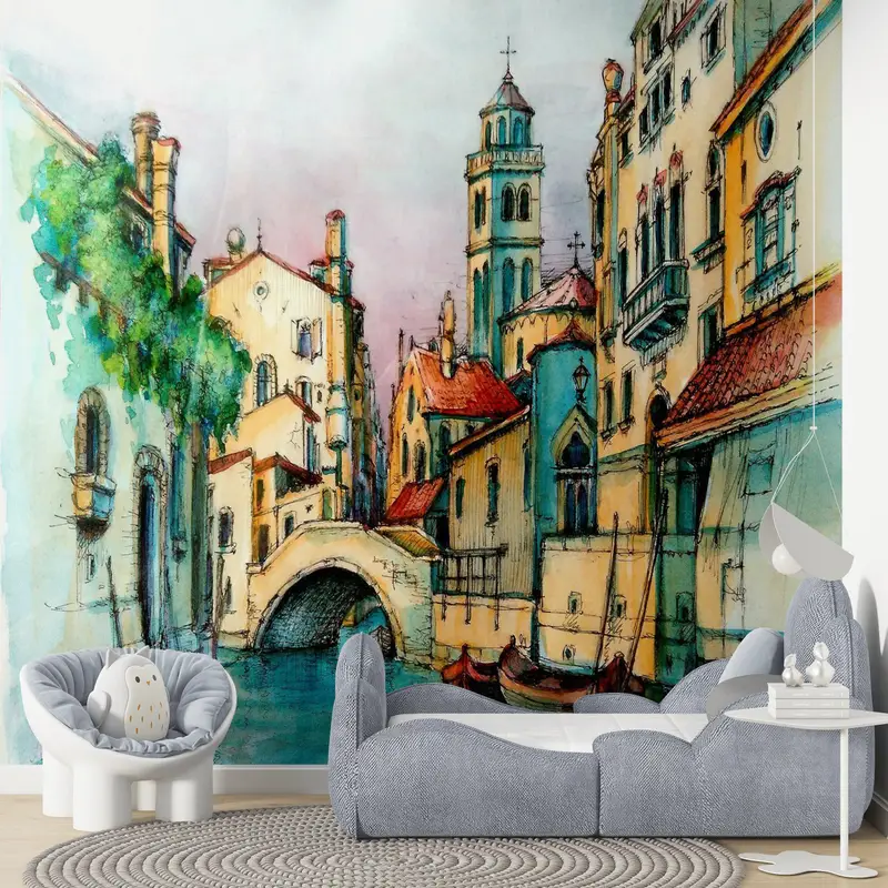 City Wallpaper, Bright Wall Paper, Paper Wall Art, Custom Wall Paper, Old Bridge Wall Painting, Landscape Wall Poster, - 1