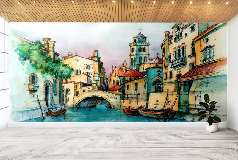 City Wallpaper, Bright Wall Paper, Paper Wall Art, Custom Wall Paper, Old Bridge Wall Painting, Landscape Wall Poster, - 9