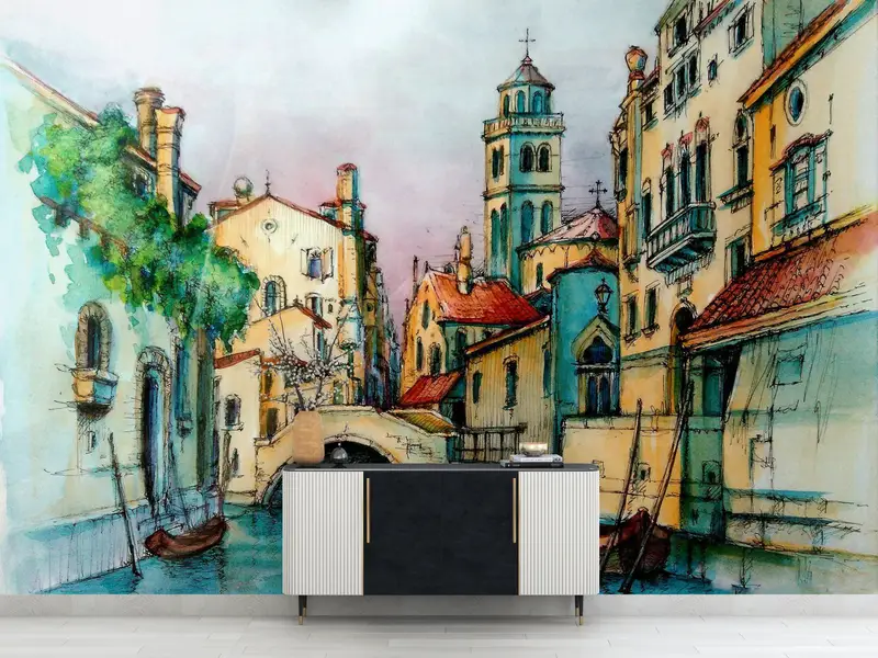 City Wallpaper, Bright Wall Paper, Paper Wall Art, Custom Wall Paper, Old Bridge Wall Painting, Landscape Wall Poster, - 4