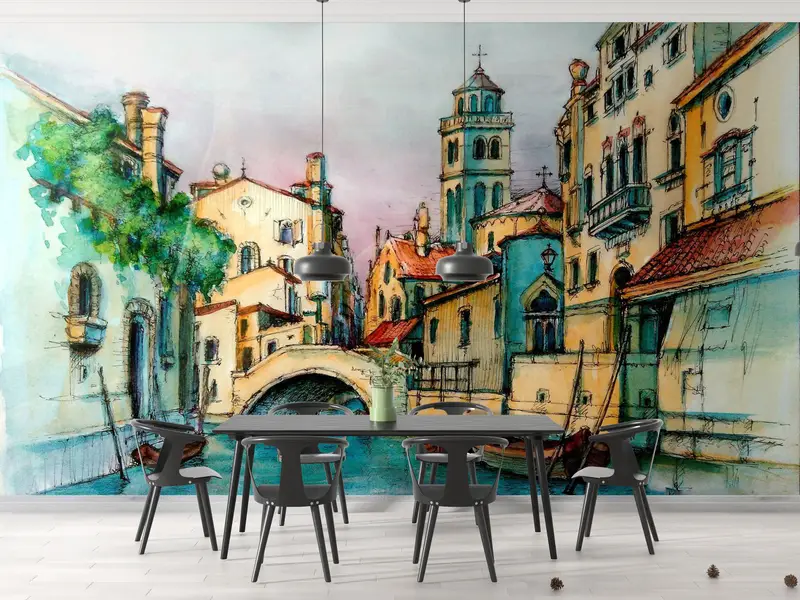 City Wallpaper, Bright Wall Paper, Paper Wall Art, Custom Wall Paper, Old Bridge Wall Painting, Landscape Wall Poster, - 3