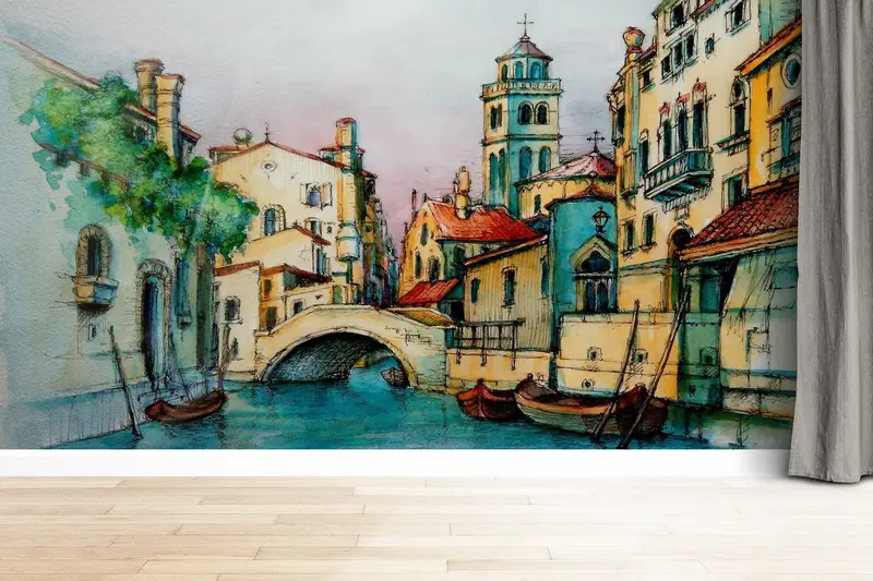 City Wallpaper, Bright Wall Paper, Paper Wall Art, Custom Wall Paper, Old Bridge Wall Painting, Landscape Wall Poster, - 8