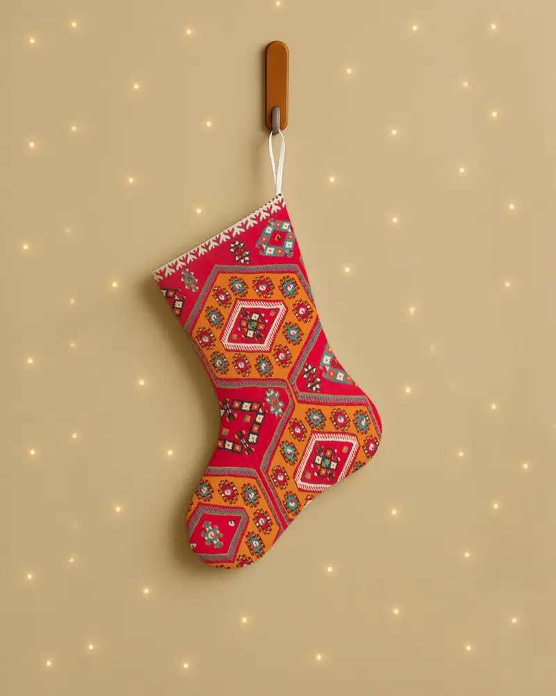 Festive Red and Orange Christmas Stocking, Unique Ornament Pattern Stocking