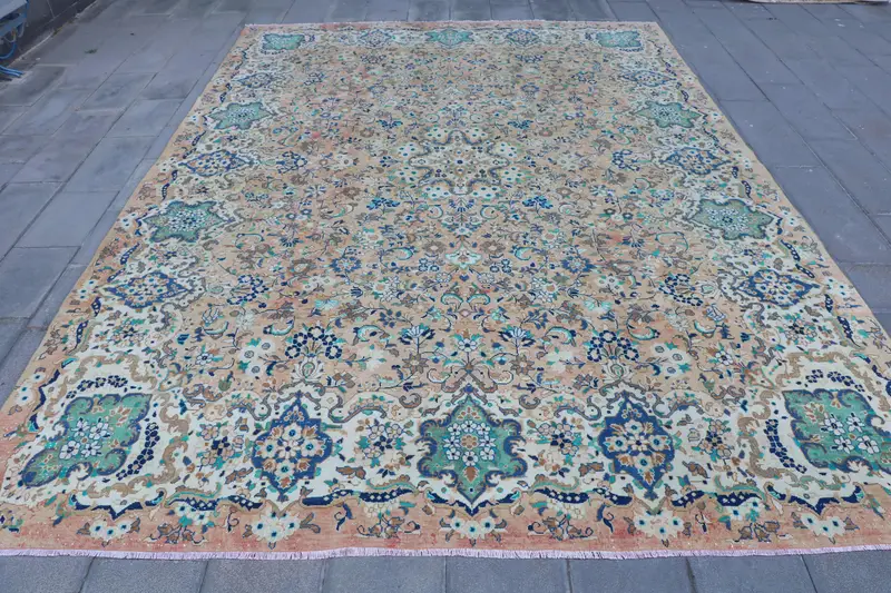9.6x13.5 ft Vintage Rug, Oushak Rug, Blue Patchwork Rug Wool - 1
