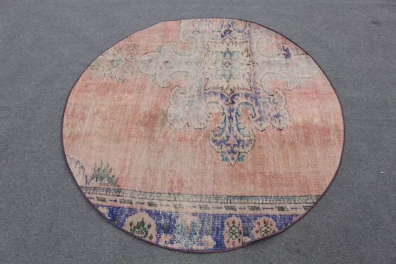 鮮やかなオレンジとブルーのラグ、4.5x4.46フィートのストライプパターン