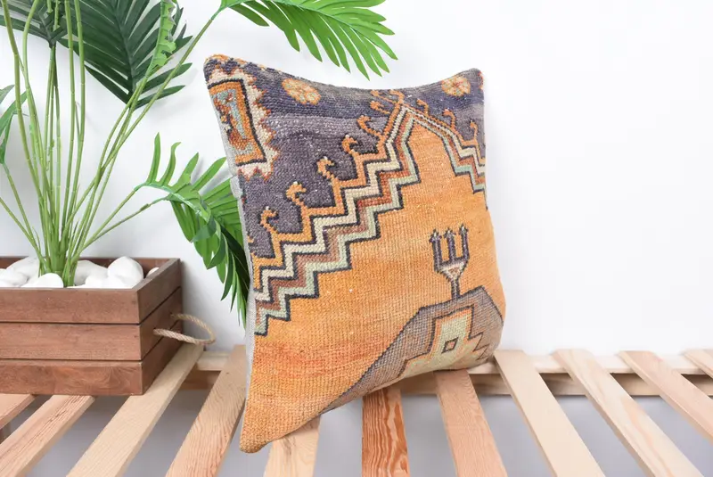 Art Deco Cushion, Ethnical Kilim Rug Pillow, Pillow for Couch, 16x16 Orange Pillow, Tapestry Pillow Sham, Pillow Cover, Handmade Kilim Cushion - 4