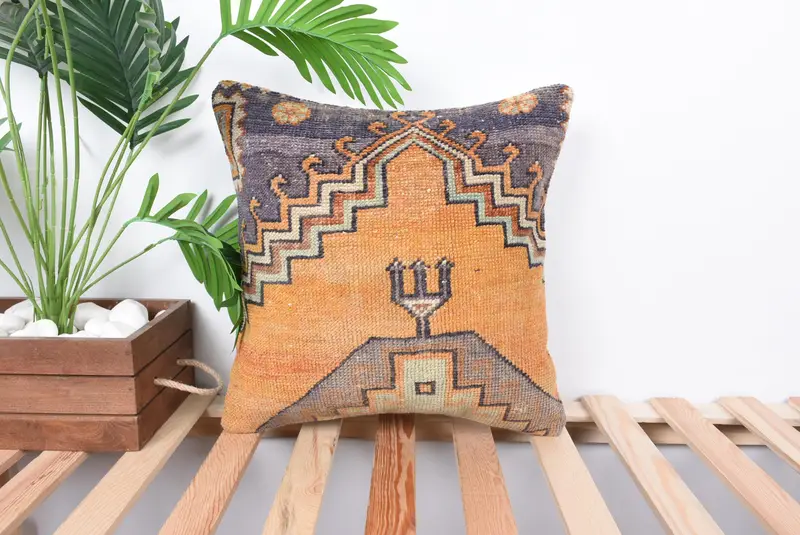 Art Deco Cushion, Ethnical Kilim Rug Pillow, Pillow for Couch, 16x16 Orange Pillow, Tapestry Pillow Sham, Pillow Cover, Handmade Kilim Cushion - 1
