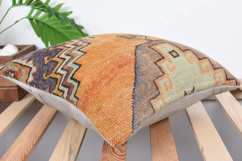 Art Deco Cushion, Ethnical Kilim Rug Pillow, Pillow for Couch, 16x16 Orange Pillow, Tapestry Pillow Sham, Pillow Cover, Handmade Kilim Cushion - 6