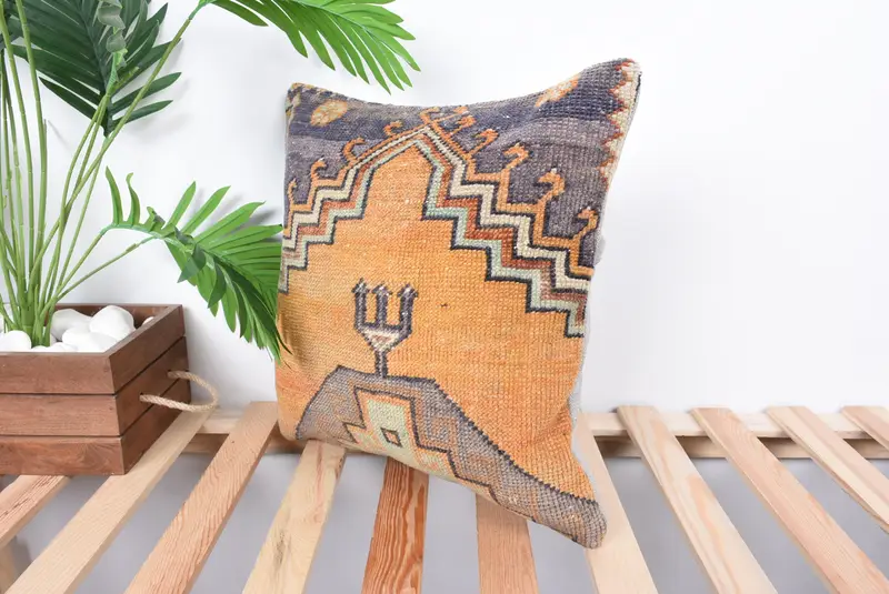 Art Deco Cushion, Ethnical Kilim Rug Pillow, Pillow for Couch, 16x16 Orange Pillow, Tapestry Pillow Sham, Pillow Cover, Handmade Kilim Cushion - 5