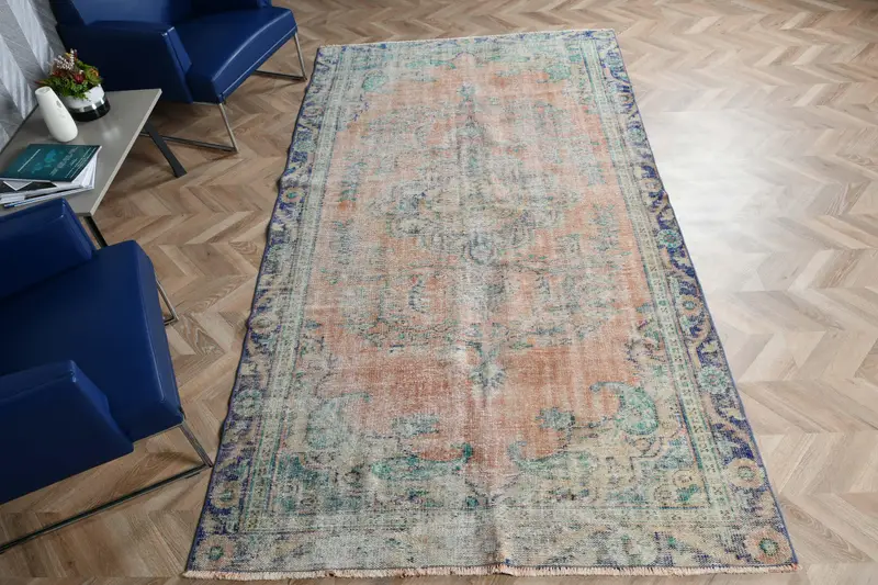 5.3x9.7 ft Büyük Vintage Halı, Mavi İkat Türk Halısı - 1