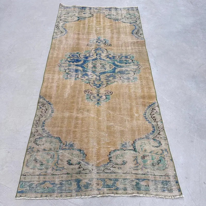 3.3x7.3フィートのラグ、鮮やかなオレンジとブルーのオリエンタルデザイン