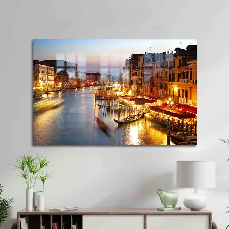 ヴェネツィアの夜の運河の街並み プリントガラス - エレガントな家の装飾