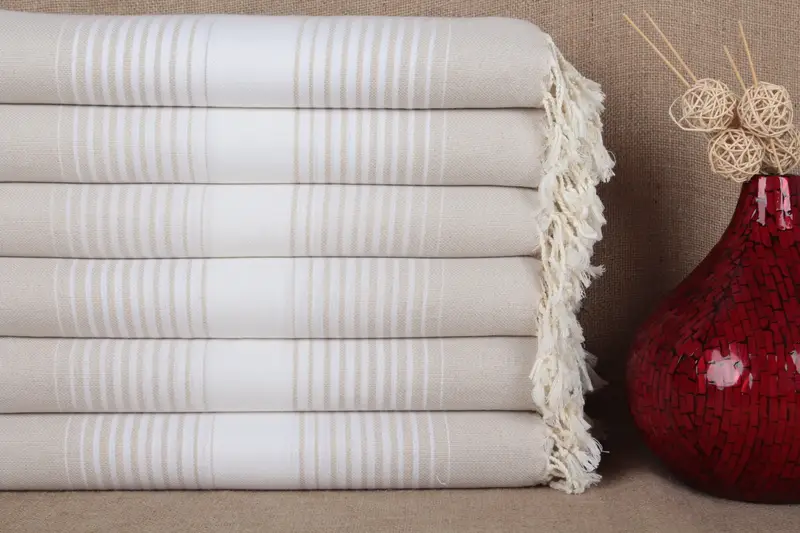 Turkish Bath Towel Striped Beige Organic Cotton, 40x67 Inches