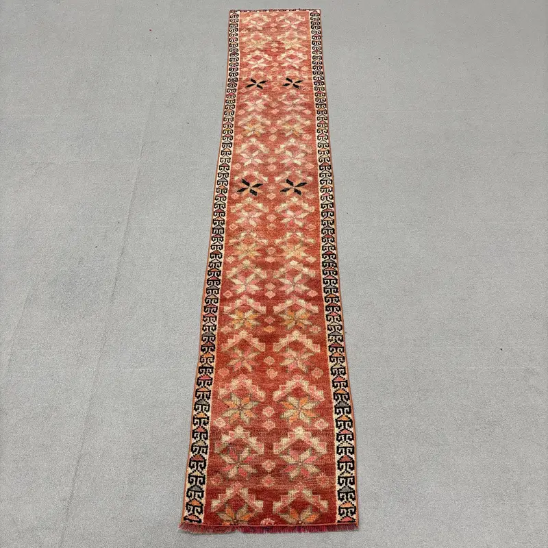 Turkish Herki Runner Rug 1.7x9 ft (51x274 cm), Vintage Red Oriental Rug - 1