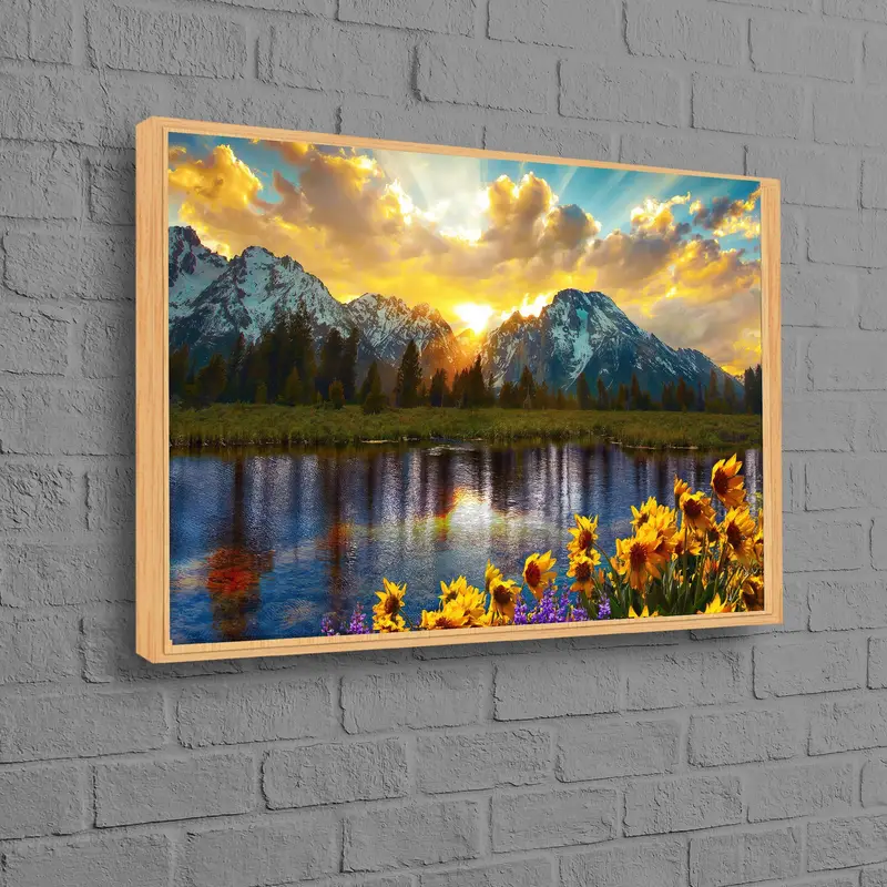 Impresión de lienzo de girasol de paisaje de montaña al atardecer - Decoración vibrante