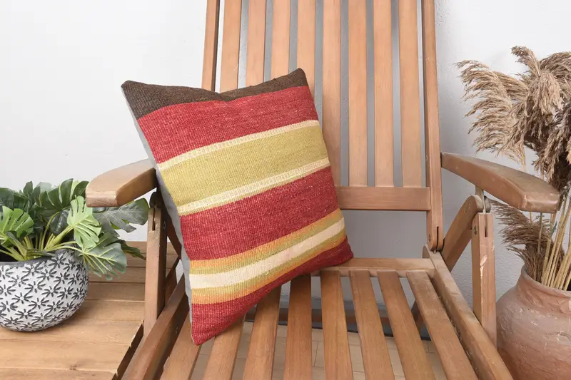Ethnical Kilim Rug Pillow, Bed Cushion, Kilim Cushion Sham, Pillow Cover, Boho Pillow Sham Cover, 16x16 Red Cushion Cover - 2