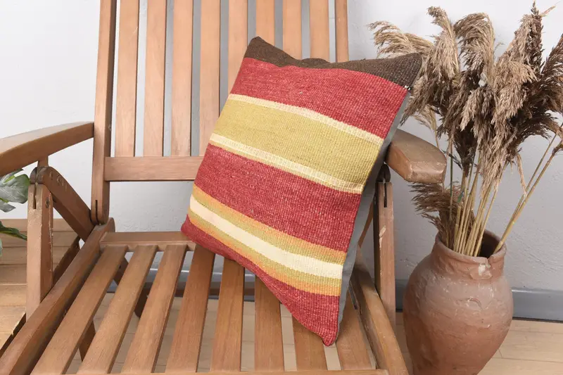 Ethnical Kilim Rug Pillow, Bed Cushion, Kilim Cushion Sham, Pillow Cover, Boho Pillow Sham Cover, 16x16 Red Cushion Cover - 3