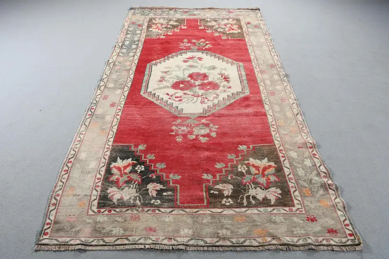 Turkish Large Rug 4.8x9 ft (147x274 cm), Oushak Red Striped Vintage Rug - 1