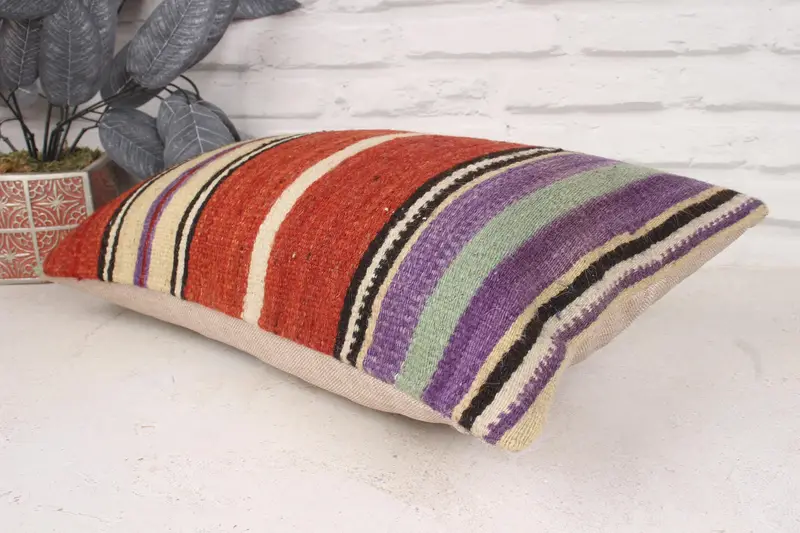 Pillow Case, Turkish Pillow, 12x20 Red Pillow, Kilim Cushion Sham, Handmade Kilim Cushion, Nomadic Pillow Case, Oriental Pillow Sham - 6