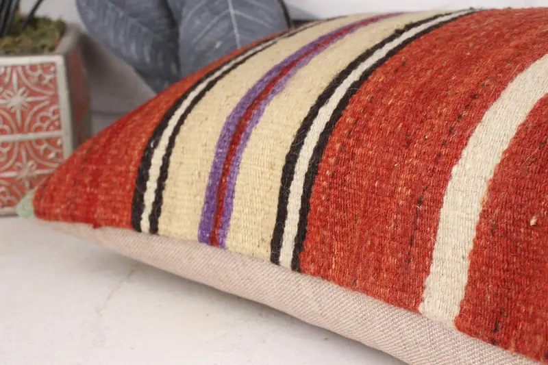 Pillow Case, Turkish Pillow, 12x20 Red Pillow, Kilim Cushion Sham, Handmade Kilim Cushion, Nomadic Pillow Case, Oriental Pillow Sham - 7