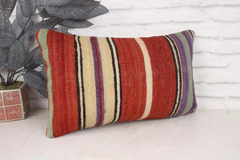 Pillow Case, Turkish Pillow, 12x20 Red Pillow, Kilim Cushion Sham, Handmade Kilim Cushion, Nomadic Pillow Case, Oriental Pillow Sham - 3