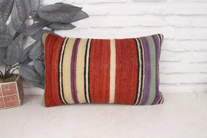 Pillow Case, Turkish Pillow, 12x20 Red Pillow, Kilim Cushion Sham, Handmade Kilim Cushion, Nomadic Pillow Case, Oriental Pillow Sham - 1