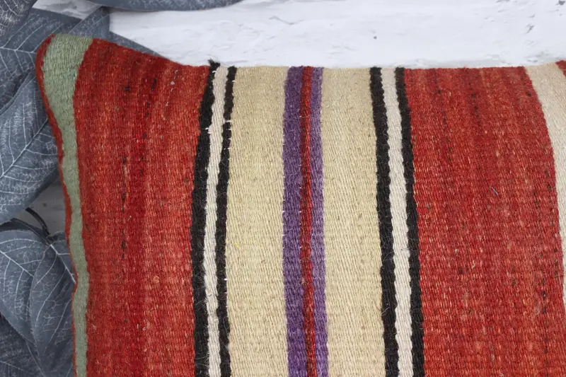 Pillow Case, Turkish Pillow, 12x20 Red Pillow, Kilim Cushion Sham, Handmade Kilim Cushion, Nomadic Pillow Case, Oriental Pillow Sham - 2