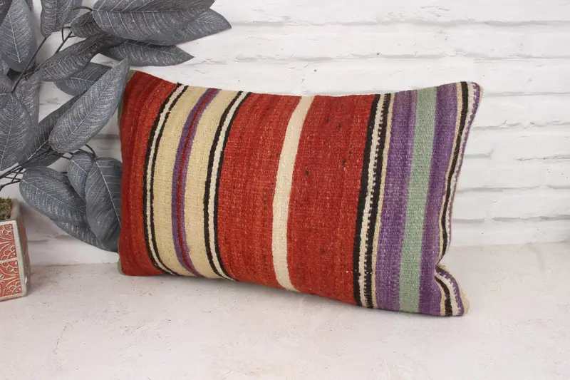 Pillow Case, Turkish Pillow, 12x20 Red Pillow, Kilim Cushion Sham, Handmade Kilim Cushion, Nomadic Pillow Case, Oriental Pillow Sham - 4