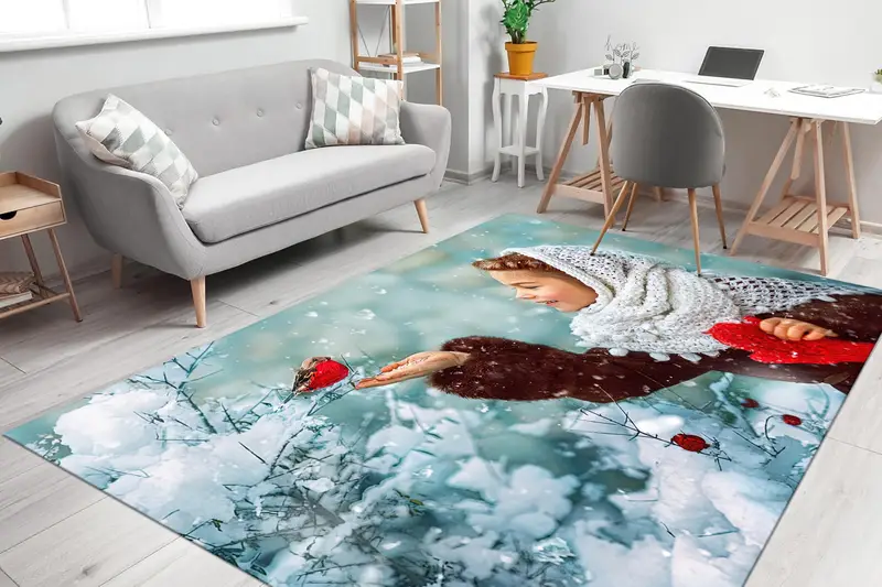 モダンプリントラグ：かわいい女の子、鳥、冬の風景、雪