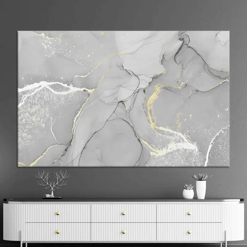 豪華な大理石プリント キャンバス: コンテンポラリー グレー & ゴールド アート