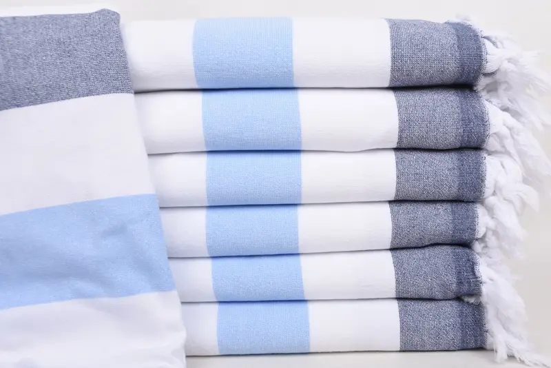 Beach Towel Monogrammed Turkish Organic Cotton Navy-White-Blue Stripes, 63x36 Inches