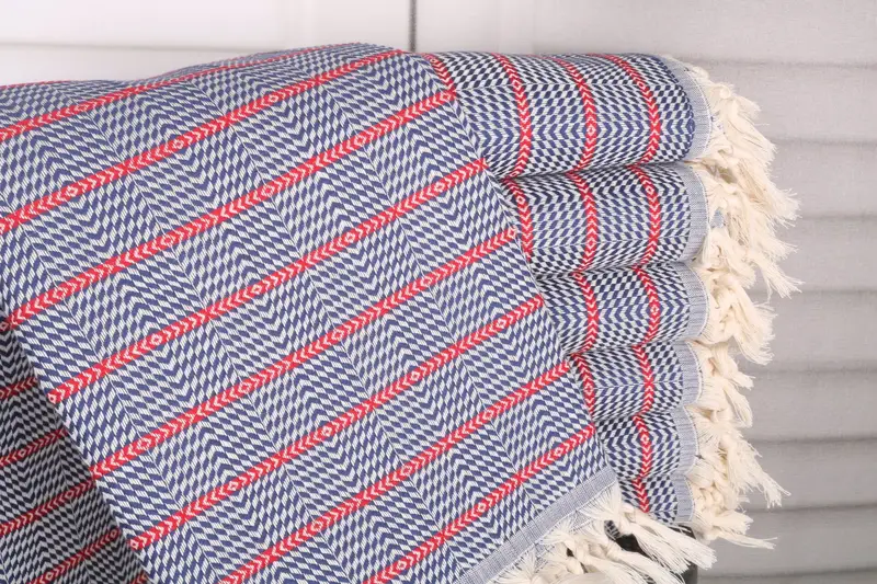 Turkish Beach Towel Striped Navy Blue-Red, Cotton, 40x71 Inches