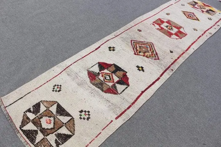 2.6x10.4 ft Turkish Rug, Vintage Runner Rug, White Red Ikat Rug - 1