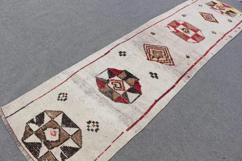 Elegant Beige Ikat Rug, 2,6x10,4 ft Chic Decor