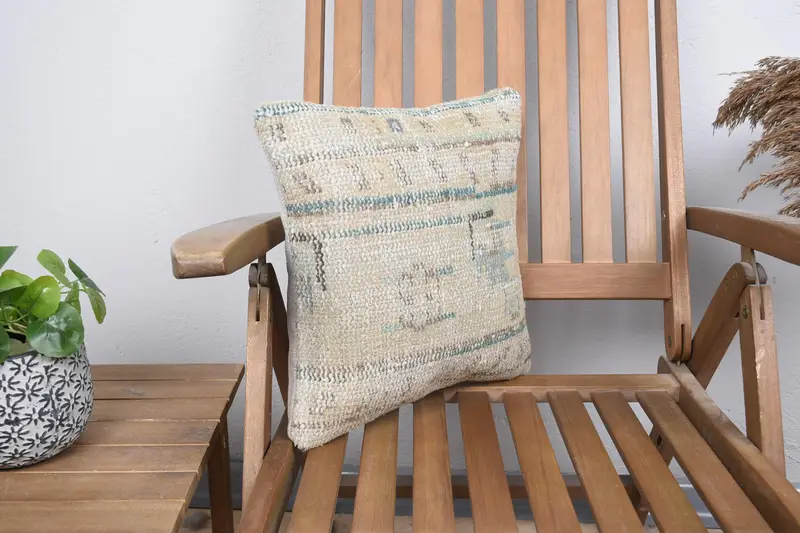 Pillow, Traditional Pillow, 14x14 Beige Cushion Case, Throw Kilim Pillow, Nomadic Pillow Sham, Boho Pillow, Turkish Corner Pillow Case, Kilim Pillow - 2