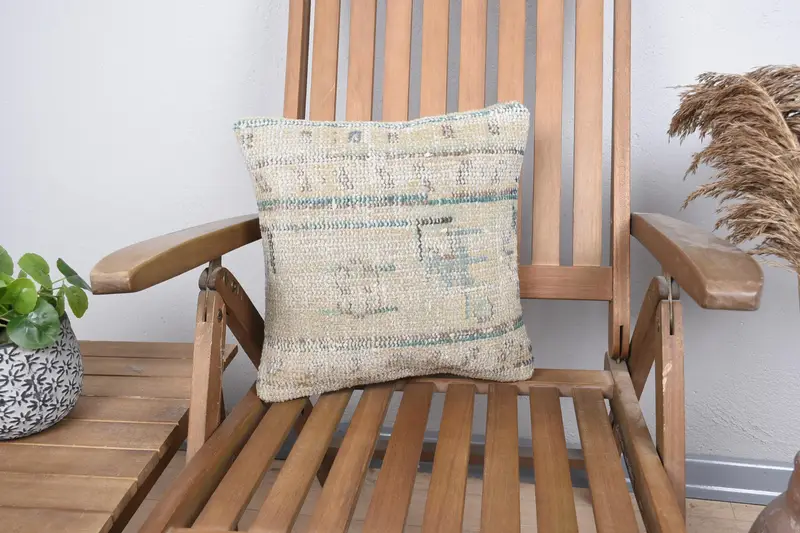 Pillow, Traditional Pillow, 14x14 Beige Cushion Case, Throw Kilim Pillow, Nomadic Pillow Sham, Boho Pillow, Turkish Corner Pillow Case, Kilim Pillow - 1